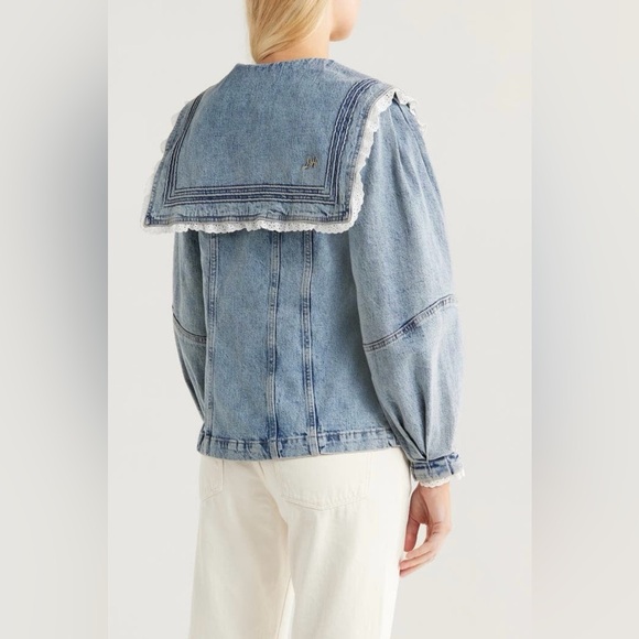 Barrel Sleeve Denim Jacket with Lace Trim - Picture 2 of 6